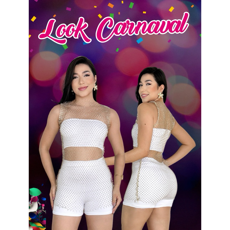Conjunto Top +short + telinha de pedras de strass transparente arrastão ...