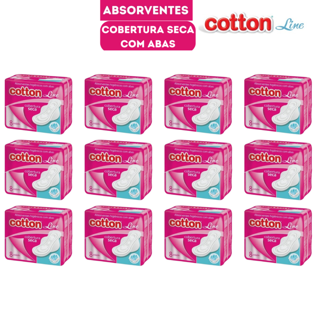 Kit 12 Pacotes Absorvente Cotton Line Cobertura Seca C/ Abas com 8 ...