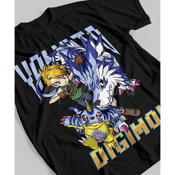 Camiseta Básica Unissex Anime Digimon Matt y Gabumon Transformación Garurumon