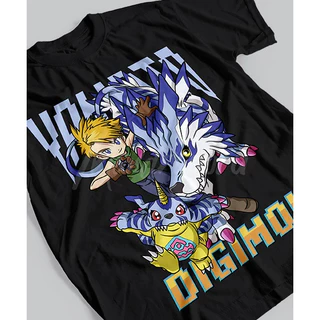 Camiseta Básica Unissex Anime Digimon Matt y Gabumon Transformación Garurumon