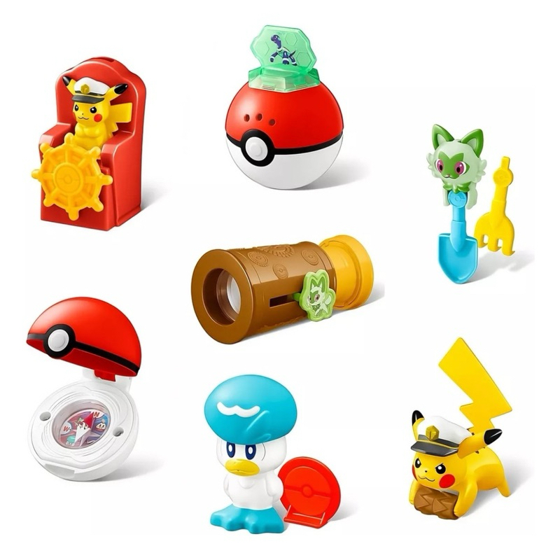 coleção bonecos pokemon capitão pikachu terapagos sprigatito quaxly poke bola pokebola bússola boneco mcdonalds mclanche