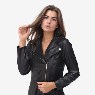 Jaqueta Feminina Couro Fake Blusa Courino Sintético Glamour Com Ziper