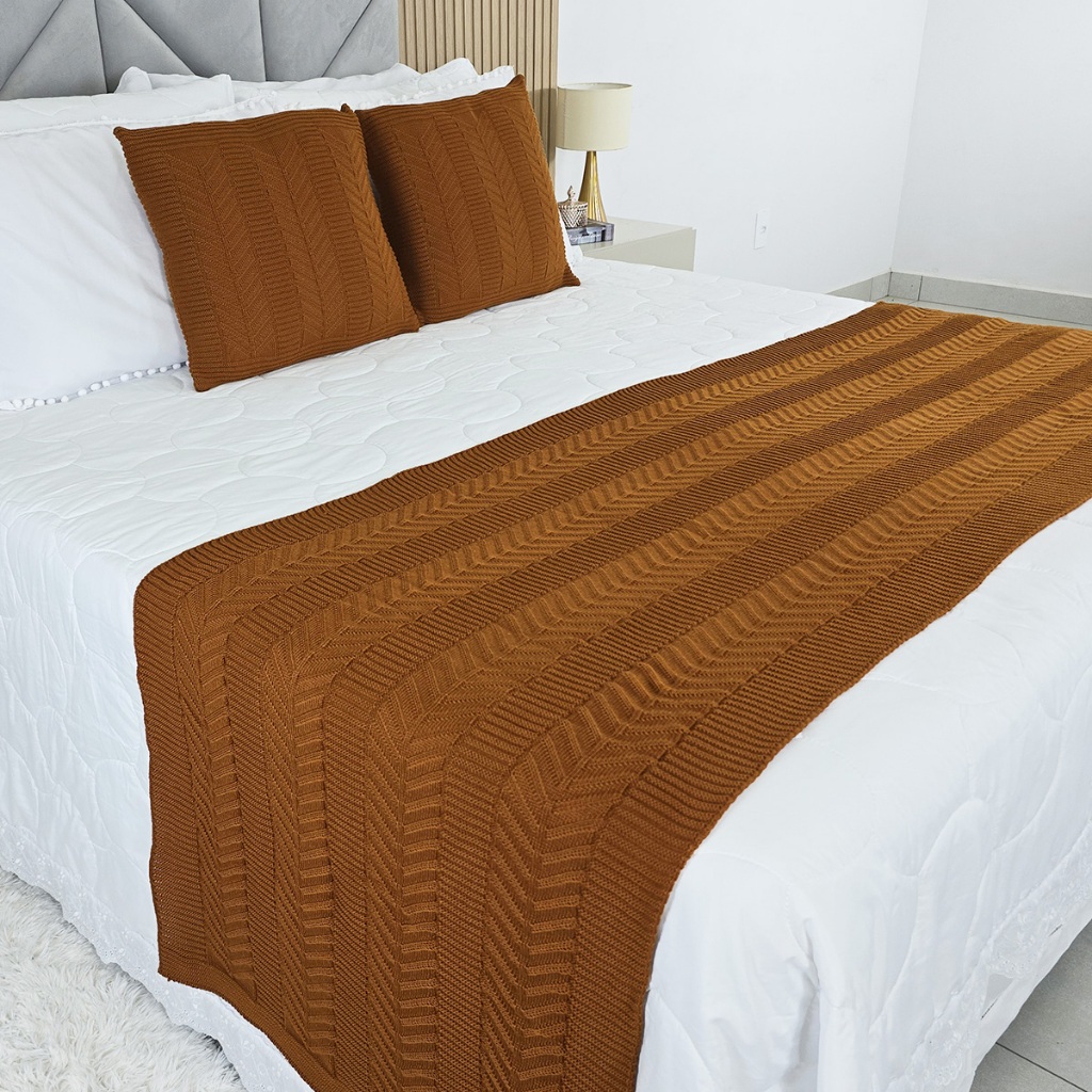 Kit Peseira Manta Tricot Cama Casal Queen King Links + 2 Capas Almofadas