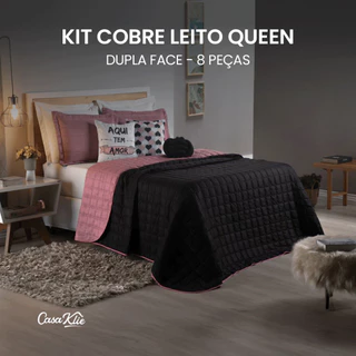 Kit Cobre Leito Paris Colcha Dupla Face 08 Peças Casal Queen Preto com Rose