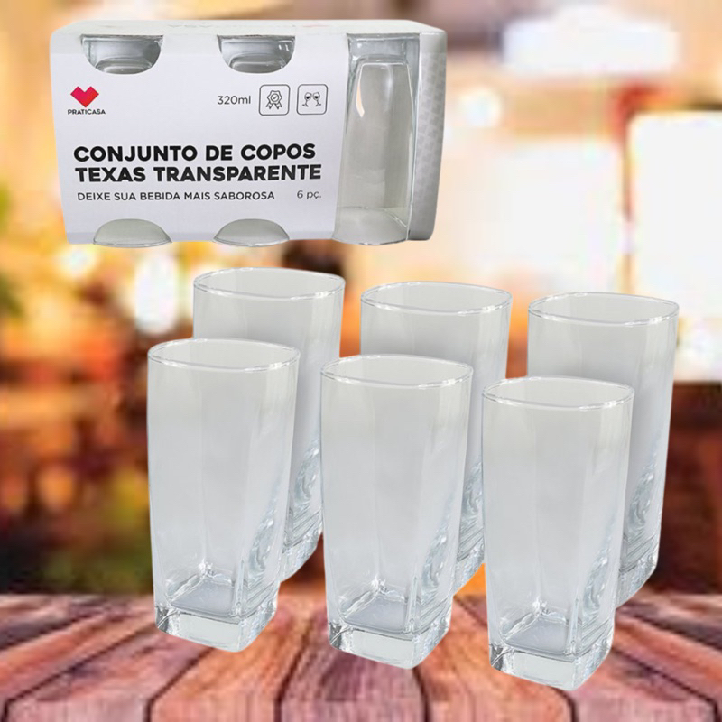 Jogo 6 Copos Quadrado Texas Vidro 320ml para suco, água, refrigerante ...