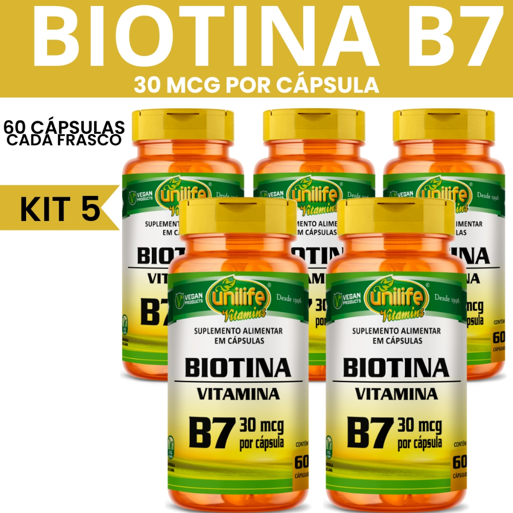 KIT 5 - BIOTINA VITAMINA B7 PARA CABELO FORTES 60 CAPSULAS - UNILIFE ...
