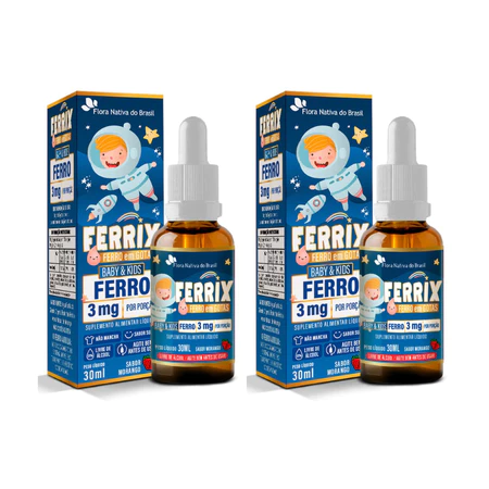 Kit 2x Vitamina Infantil Kids Ferrix (30ml) sabor morango Flora Nativa