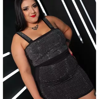 conjunto feminino moda balada brilho pedraria com strass modelo Monica com bojo Plus Size