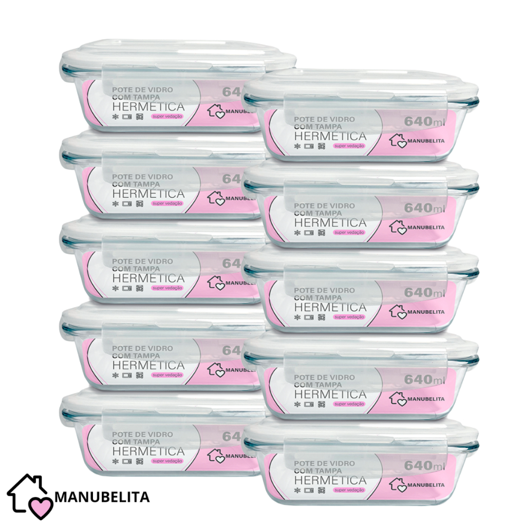 Jogo 12 Pote de Vidro Hermético Marmita Tampa 4 Travas 640ml