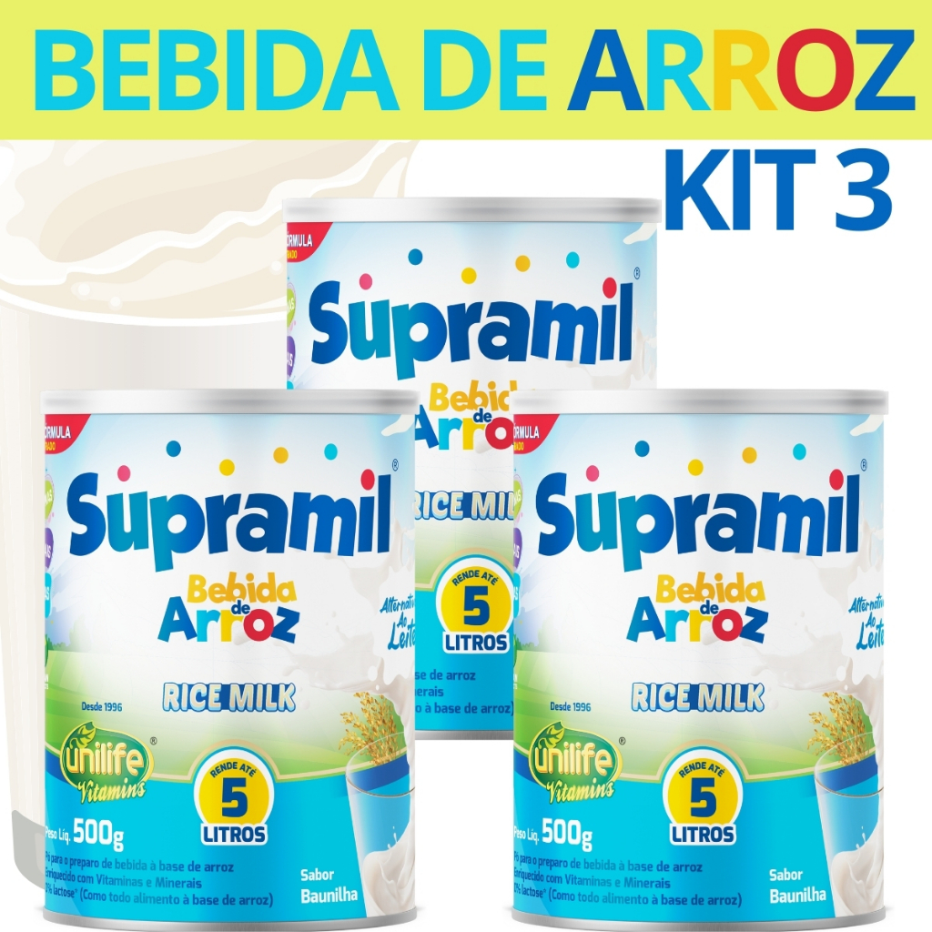 KIT 3 - BEBIDA DE ARROZ RICE MILK KIDS SEM LACTOSE 500G SABOR BAUNILHA ...