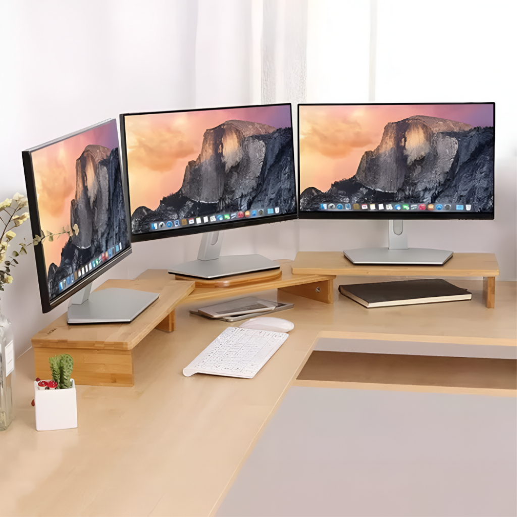 Suporte para Monitor em Madeira – Modelo Triplo, Elevado e Ergonômico ...