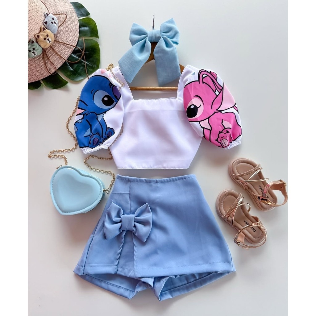 Conjunto Stitch Infantil Roupa Menina de Marca Luxo Cropped Short Saia ...