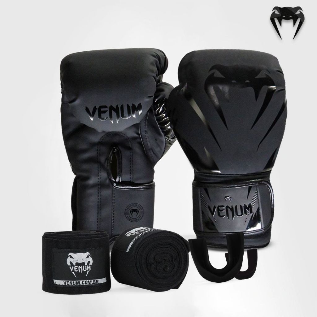 Kit Boxe Muay Thai Venum Luvas + 2M Bandagem + Bucal New Impact Evo Preto