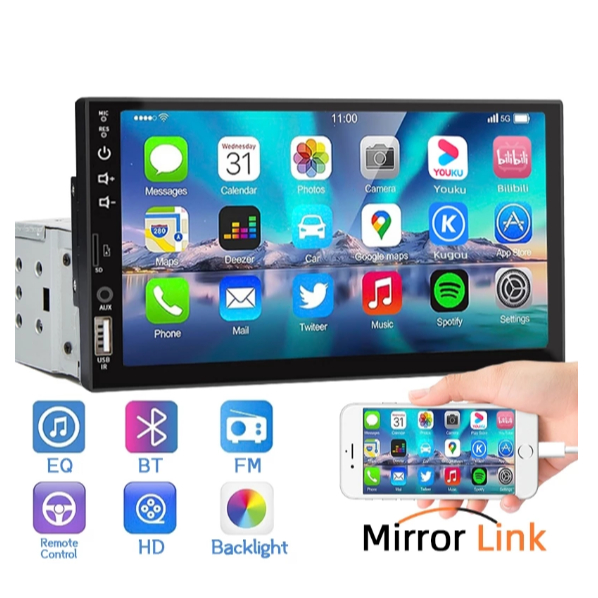 Central Multimídia MP5 Automotiva Bluetooth 1 Din 7 Polegadas USB/AUX/TF Com Mirrorlink Touch Screen