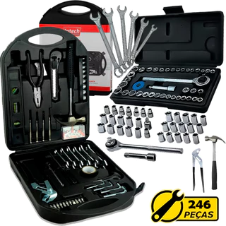 Kit Jogo Ferramentas 246 Pçs Semiprofissional Maleta Uso Gerais + Soquetes Chave Catraca Reversível