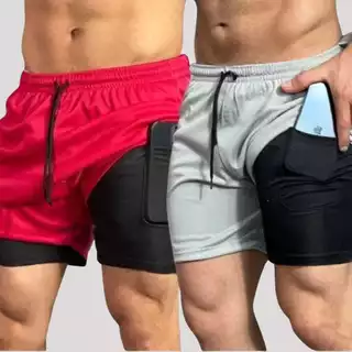 KIT 2 BERMUDAS MASCULINA 2 EM 1 SHORT DUPLO COM BOLSO INTERNO PARA TREINO ACADEMIA CORRIDA