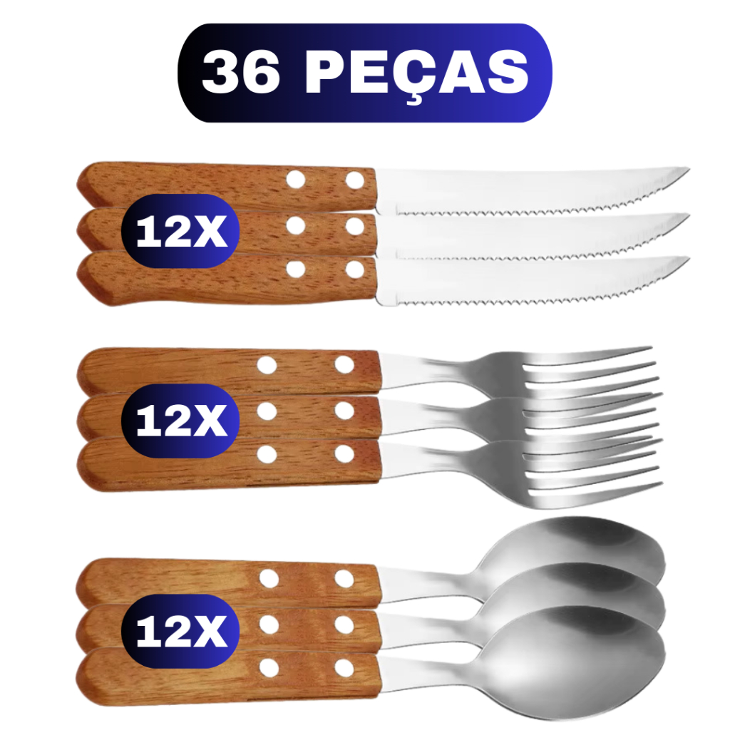 Jogo Talher com Cabo Madeira Faca de Serra Colher e Garfo Inox | Shopee ...