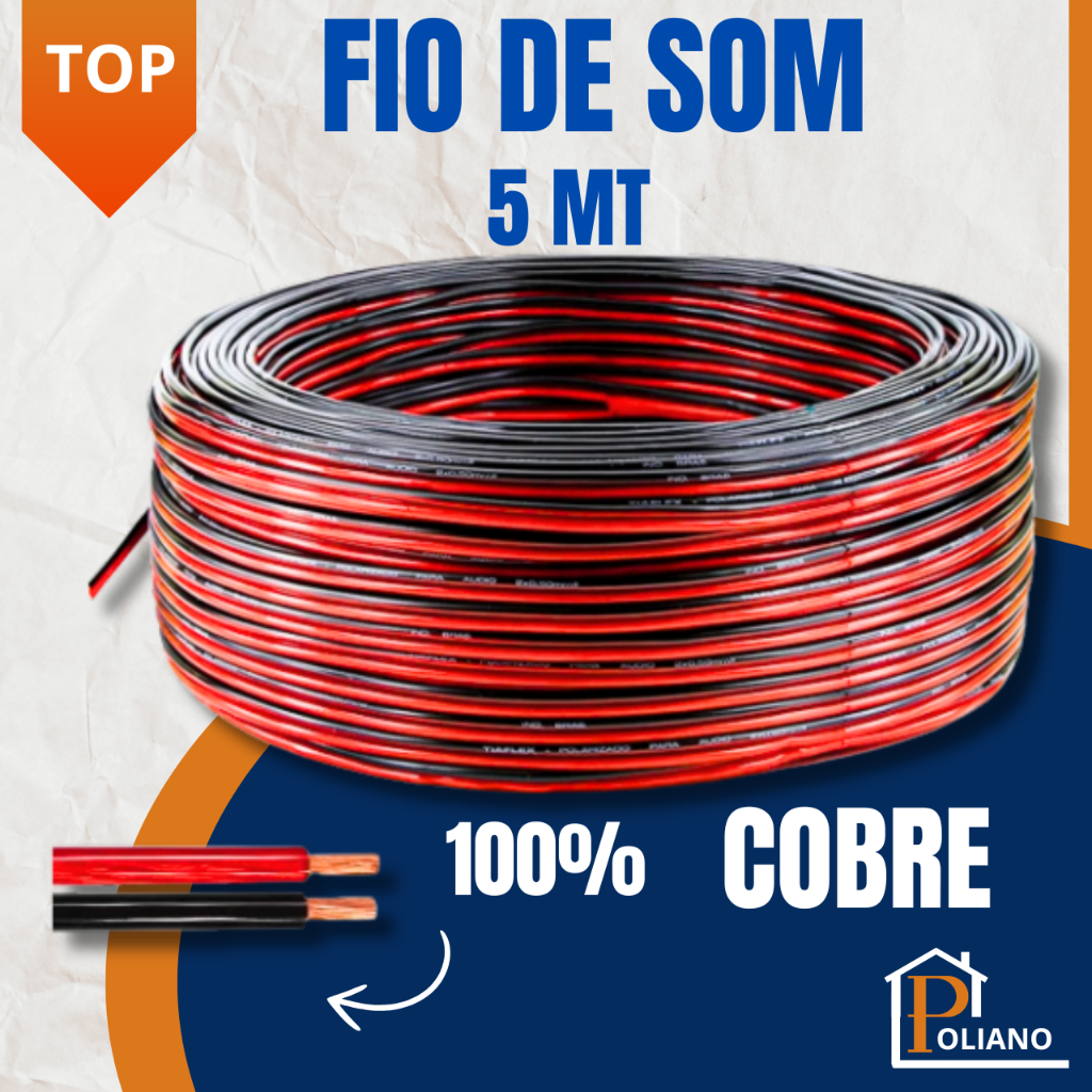 Fio de Som Auto Falante Paralelo Bicolor 2 Vias 100% Cobre Automotivo e Residencial 5mt