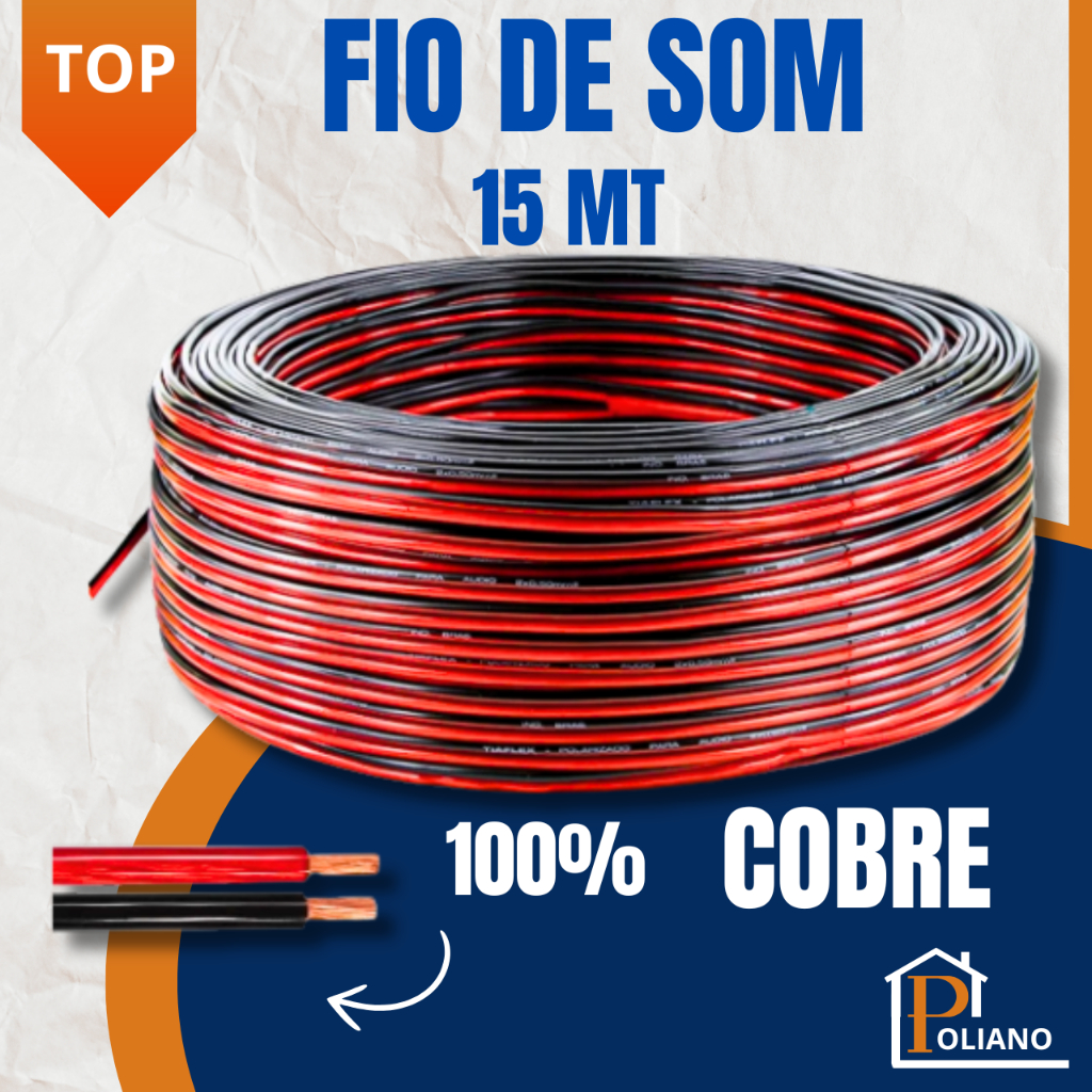 Fio de Som Auto Falante Paralelo Bicolor 2 Vias 100% Cobre Automotivo e Residencial 15mt