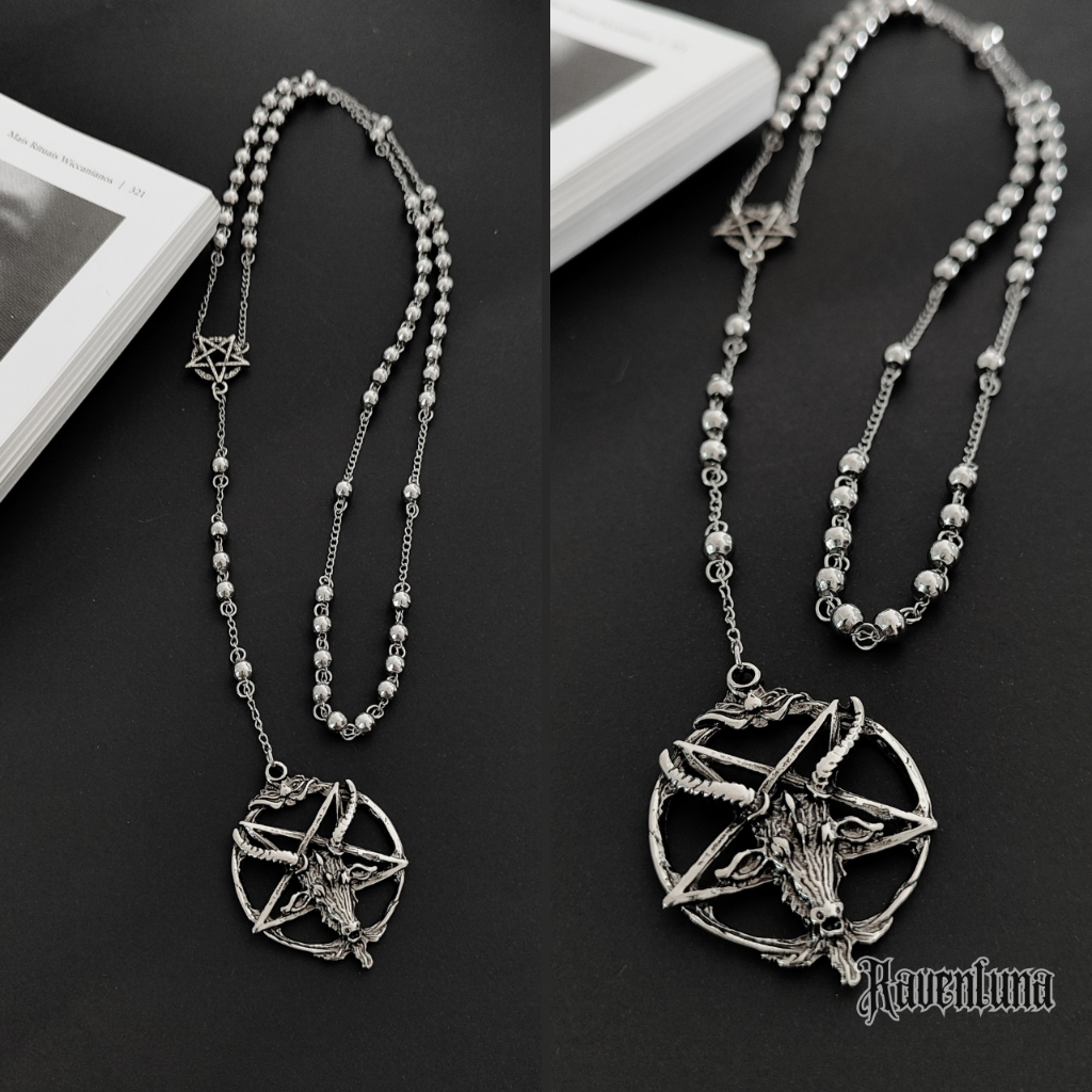 Colar rosário terço pingente baphomet ocultismo místico gótico corrente aço inox