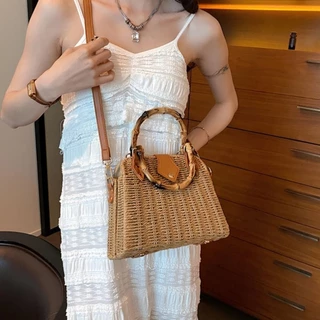 Bolsa de praia feminina elegante de palha comcorrente, alcas de m o e tiracolo 8032