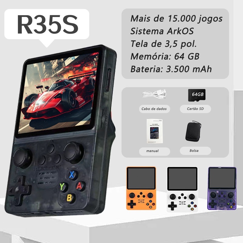 Console Portátil Retrô R35S R36S Linux, Tela IPS 3.5 64GB 15000 Jogos ...