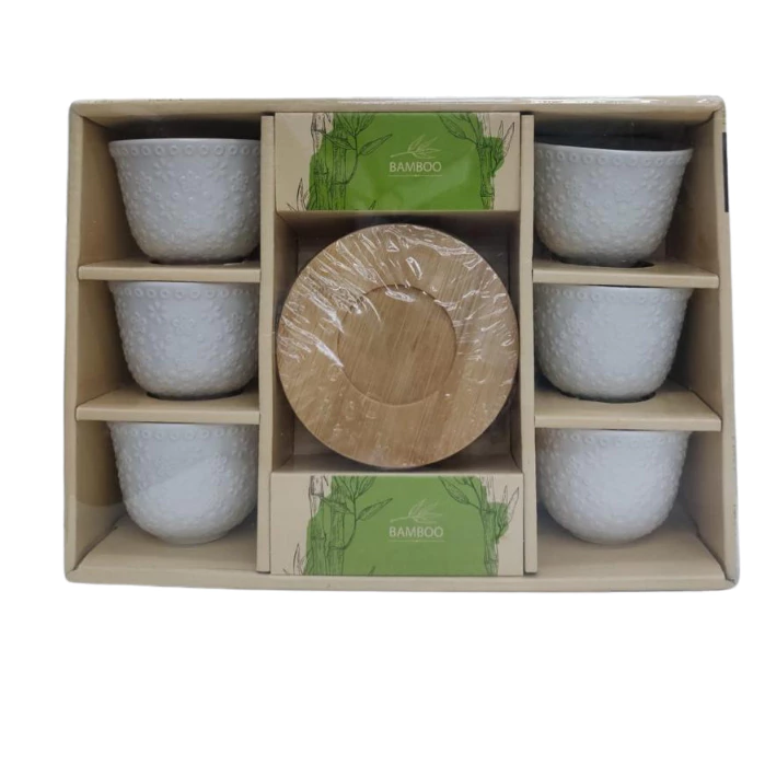Jogo 6 Xicaras De Porcelana Floral Com Pires Em Bambu 90ml Cor Branco Floral E Bambu