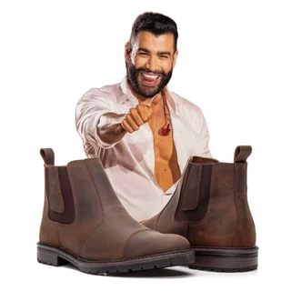 Bota Botina Masculina Chelsea Couro Legítimo Casual Conforto Macio. Café