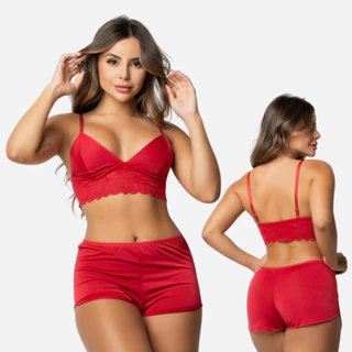 Pijama Feminino Baby Dool Microfibra Sued Short Dool em Oferta na Shopee