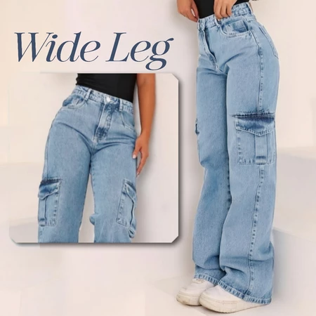 Calça wide leg cargo jeans feminina cintura alta pantalona