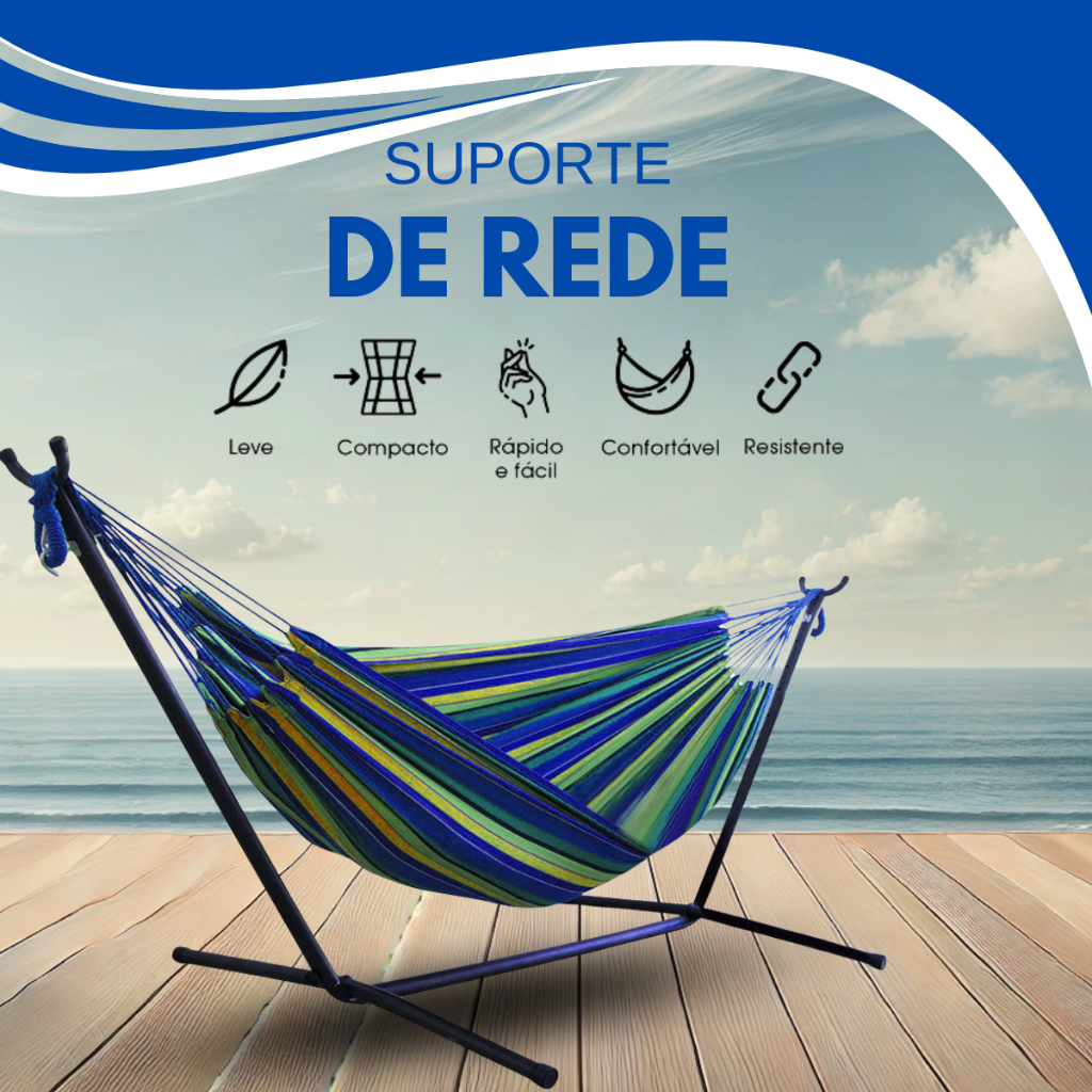 Suporte De Rede Descanso Area Externa Portátil Aço Reforçado C/ Gancho e Manipulo (SUPORTA 25OKG)