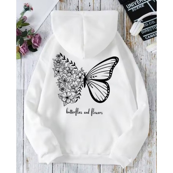 Blusa Moletom Feminina Borboletas e Flores Preto e Branco Novo ...