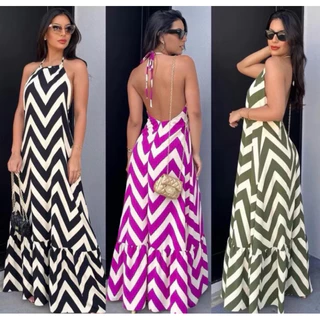 Vestido Longo Costa Nua Zig Zag Tendecia Feminino Promoção em Oferta na Shopee