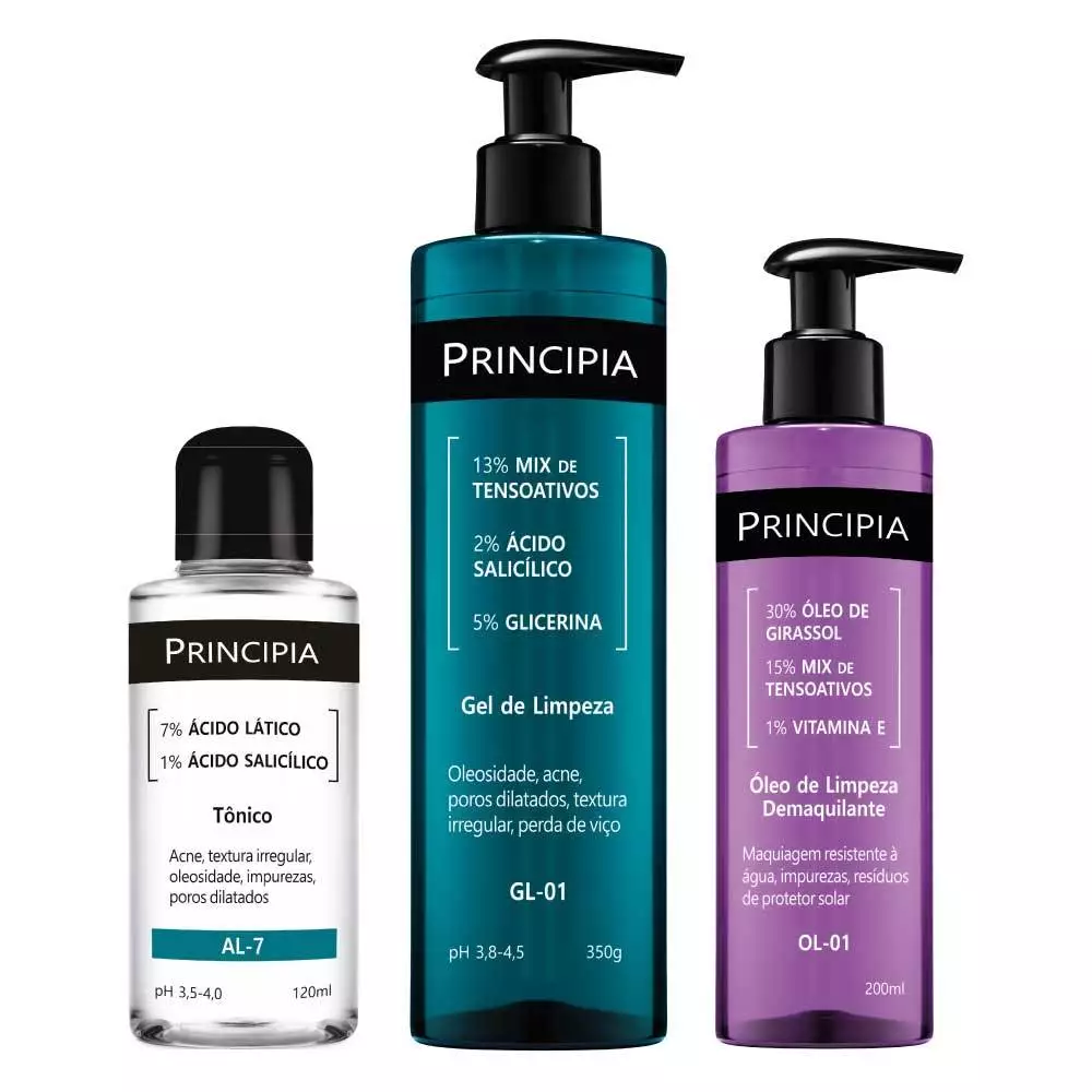 Principia KIT TRIO LIMPEZA AVANÇADA Tônico AL-7 + Oleo de limpeza OL-01 + Gel de limpeza GL-01