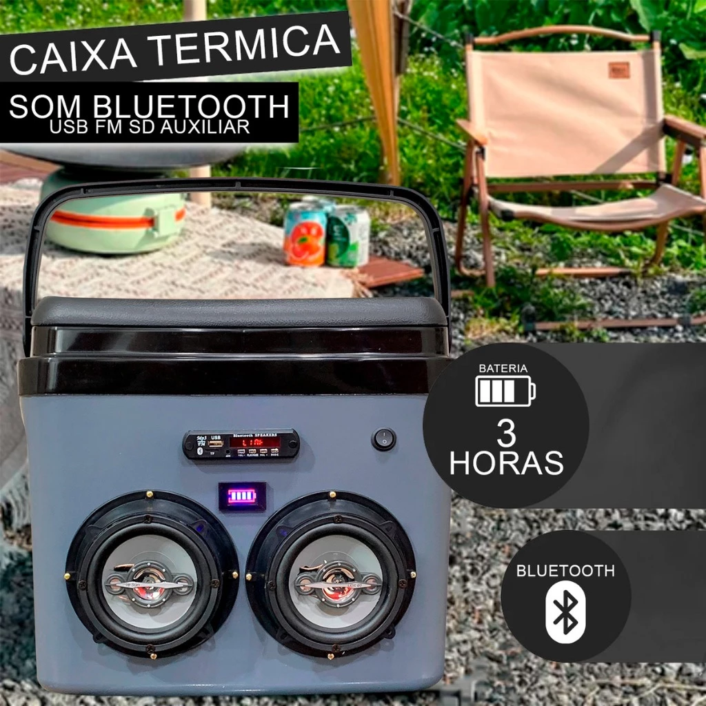 Cooler/Caixa Térmica, Com Alto Falante Portátil Sem Fio (Bluetooth), recarga via Usb – Com Entrada para Pen Drive (Acompanha Controle Remoto)