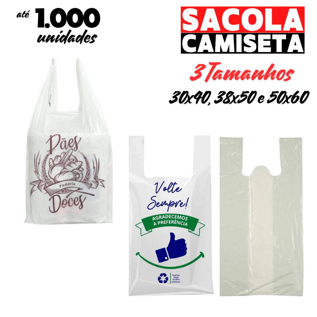 Sacola Plástica Lisa Volte Sempre e Padaria 30x40 38x50 e 50