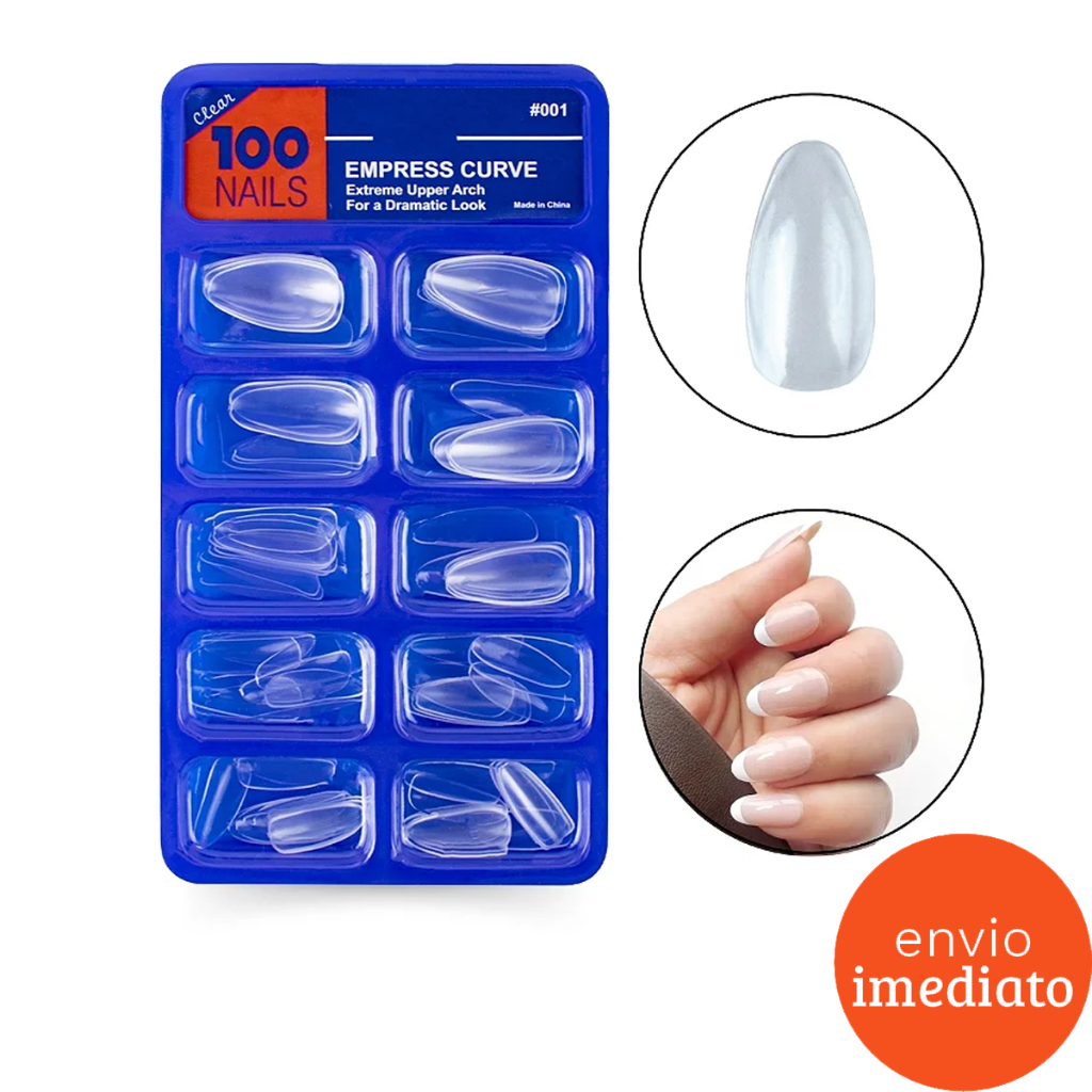 Kit 100 Unhas Postiça Almond Amendoada Realista Transparente Leitosa ...