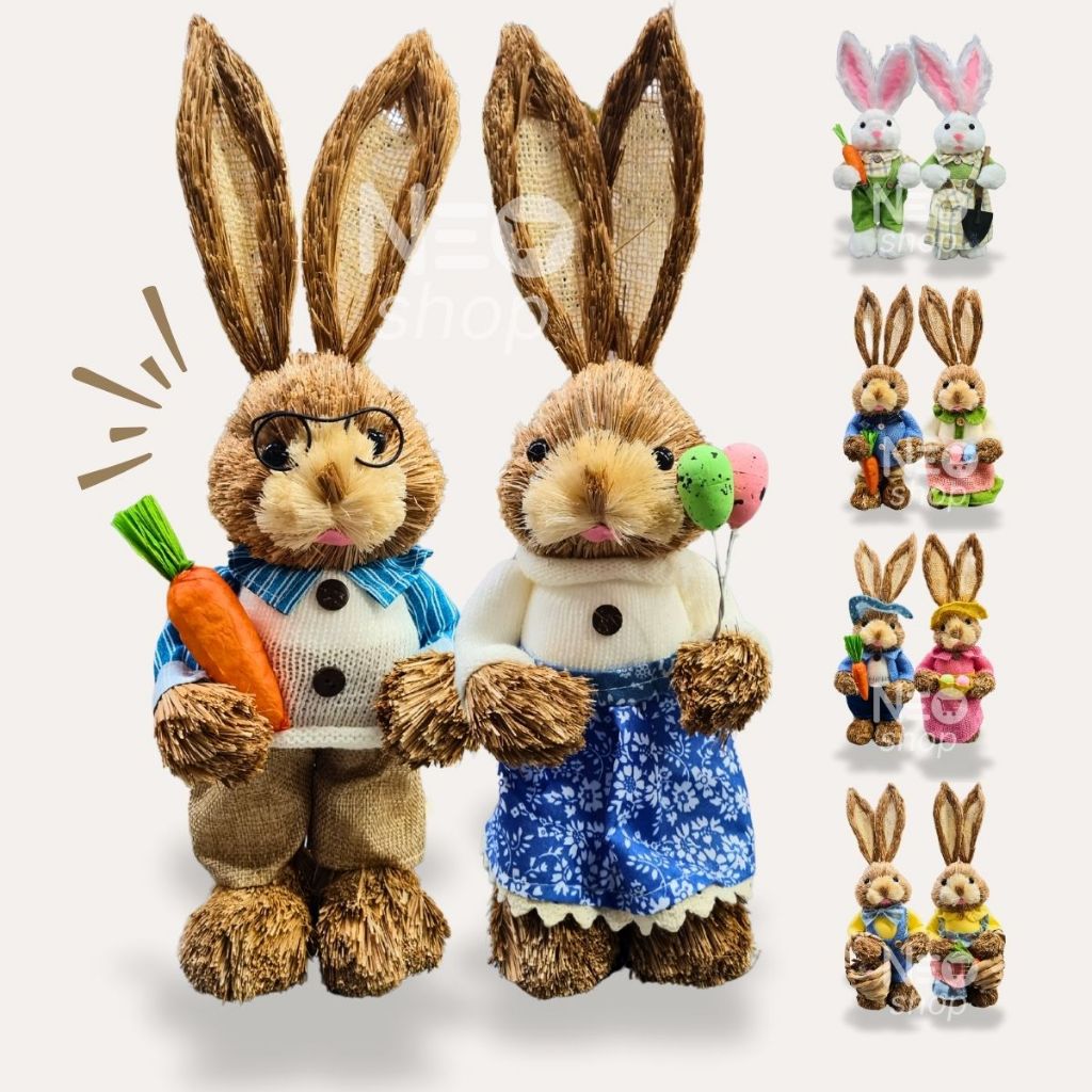 Coelho de Páscoa Casal 35cm Decoração Premium Coelhinho Palha Artesanal Roupinha | Shopee Brasil