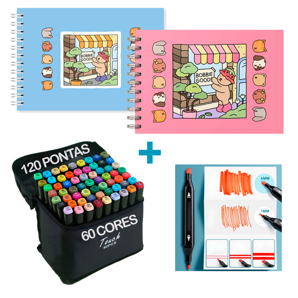 Kit Livro De Colorir Bobbie Goods + Canetas Marcador Ponta Dupla 60 ...