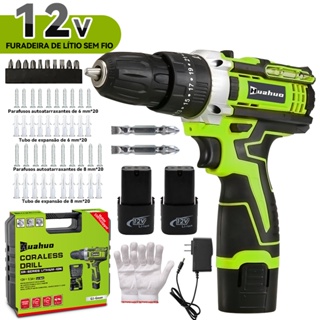 Parafusadeira Furadeira 12V 2 Baterias Sem Fio Impacto Com Maleta Completo Broca Bits Maleta Vonder (110V/220V)~