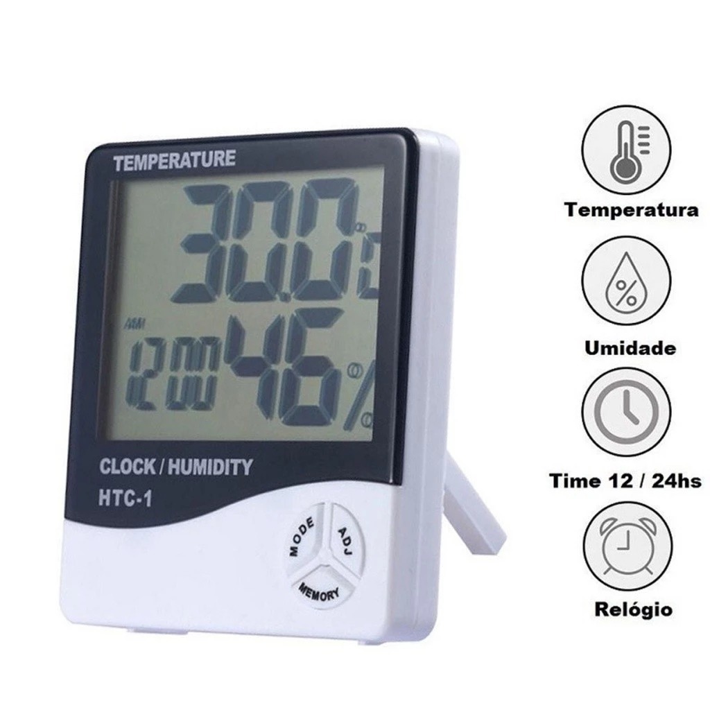 Termo-higrômetro Medidor Digital de Umidade Temperatura e Relógio