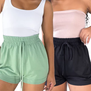 Kit Short Feminino Moletinho Moletom Elástico na Cintura De Algodão Com Bolso Laterais