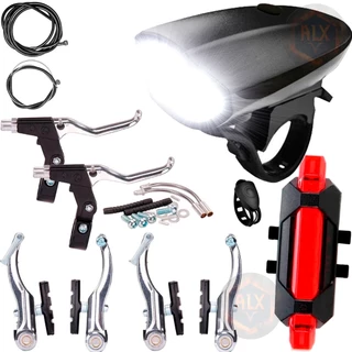 Kit Freio V-brake Para Bicicleta C/ Manete Alumínio completo + Farol Bike C/ Buzina Recarregável + Sinalizador traseiro