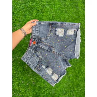 Short Jeans Destroyed Com Strass Colorido