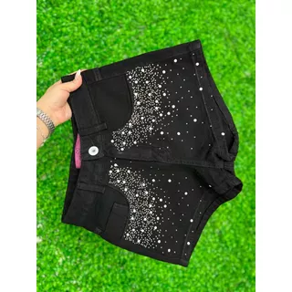 Short Preto Com Pedras Brancas E Strass