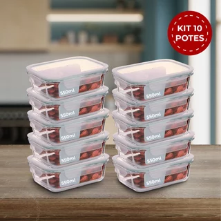 Conjunto 10 Potes de Vidro 550ml Hermético Marmita 4 Travas