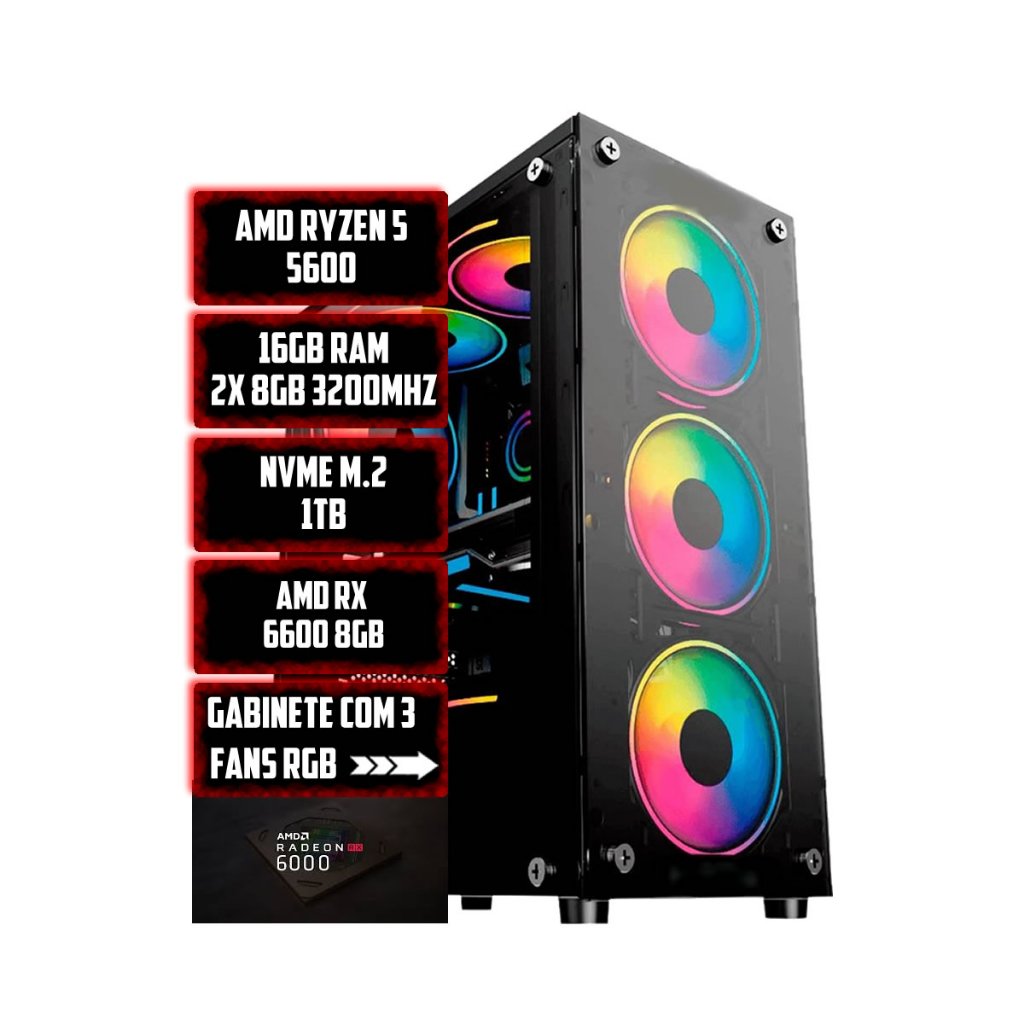 PC GAMER AMD RYZEN 5 5600|B450M AM4|16GB RAM|NVME 1TB|RX 6600 8GB|COM WI-FI|GABINETE 3 FANS