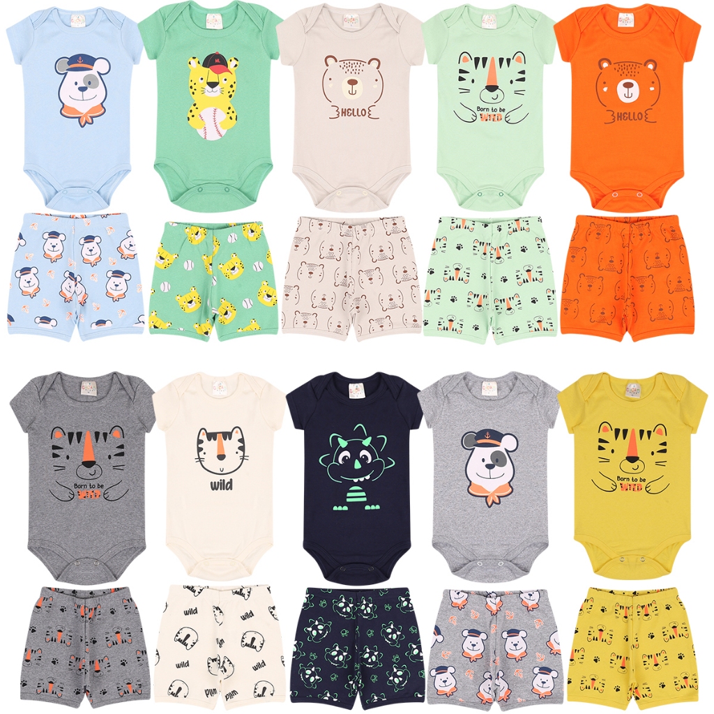kit 10 peças body ( macaquinho , mijão) + shorts menino = 5 body + 5 shorts- roupa infantil Promoção em Oferta na Shopee