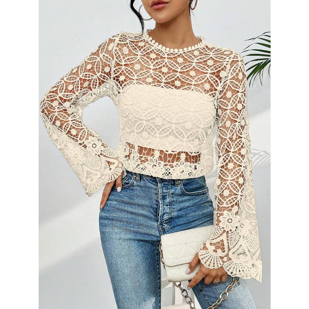 Blusa floral renda guipir manga longa flare | Shopee Brasil