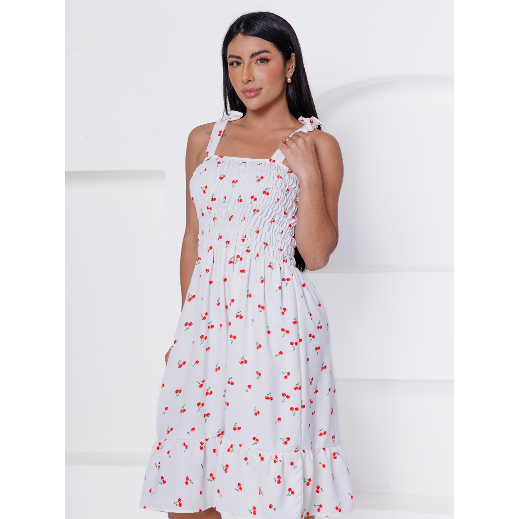 VESTIDO CURTO ALÇINHA ESTAMPADO CEREJA COM LATEX | Shopee Brasil